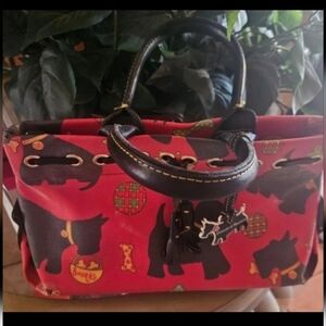 Dooney & Bourke Red and Black Scottish Dog Print Small Handbag With Charm